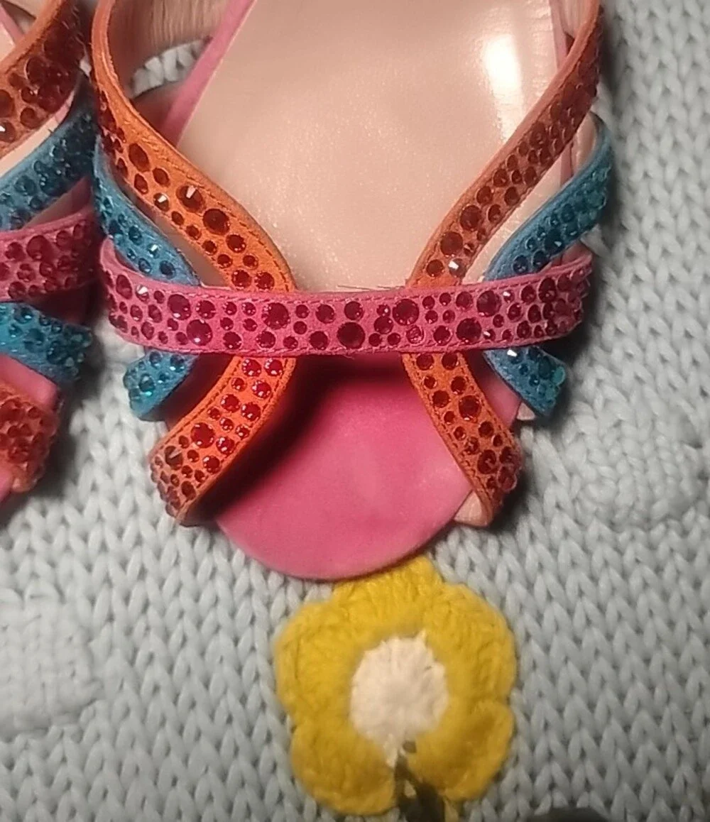 Gucci Pink, Blue & Orange Jeweled Slingback Sandals Heels Sz 7
